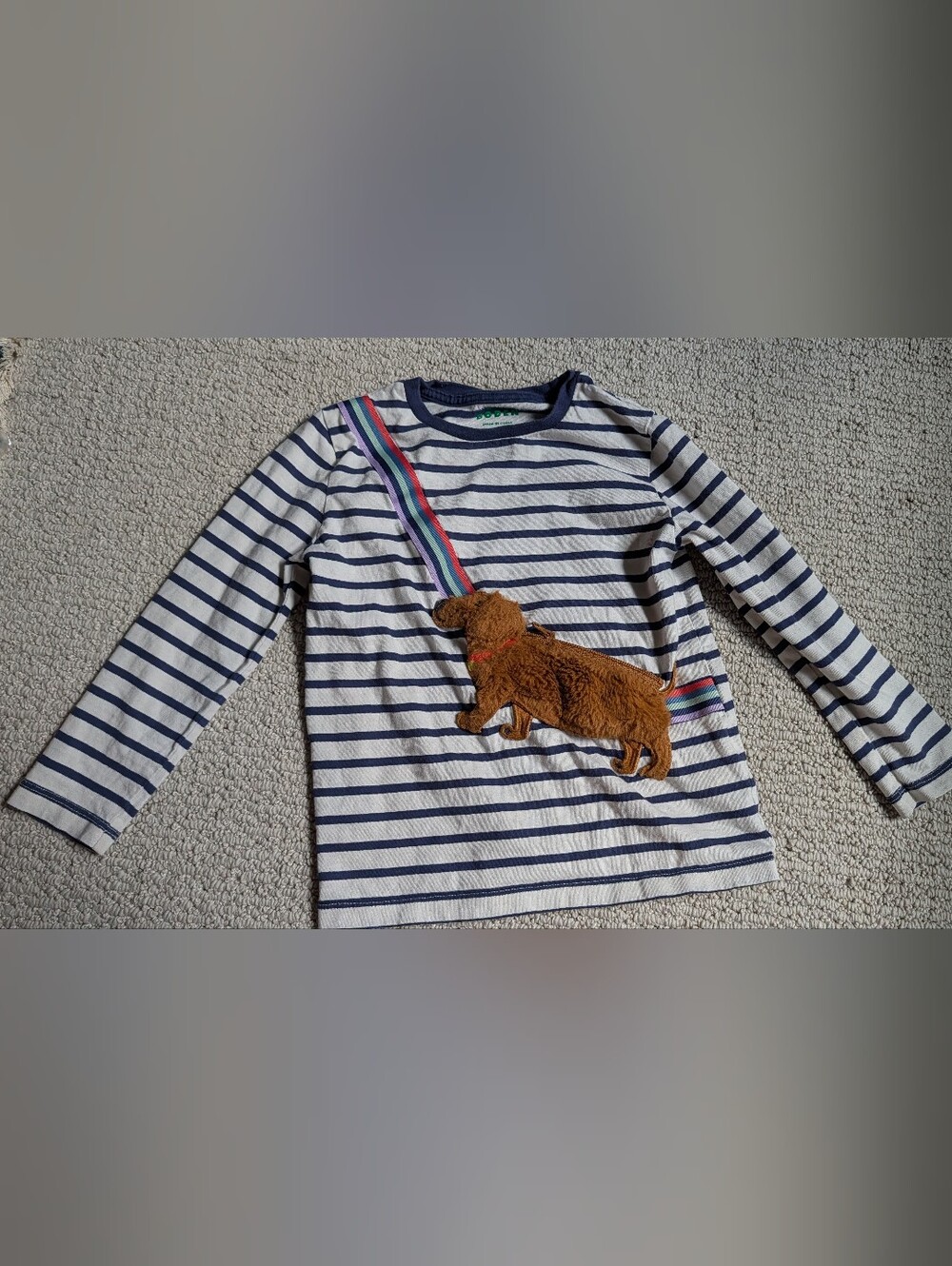 Mini Boden White Navy Striped Long Sleeve Shirt with Zip Brown Dog Applique
